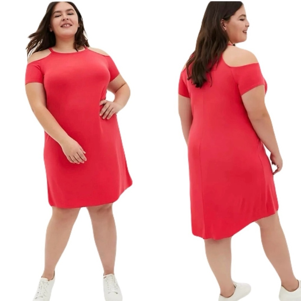 TORRID Super Soft Cold Shoulder Mini Dress‎ Bright Berry Red Sz 1X Vacation - Picture 14 of 14